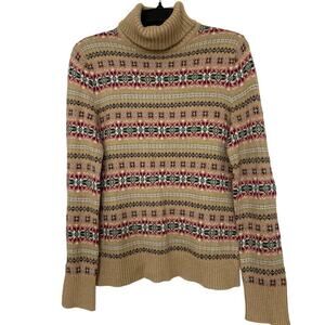 Lands End Cotton Wool Blend Fair Isle Tan Turtleneck Sweater Med (10-12) Cozy